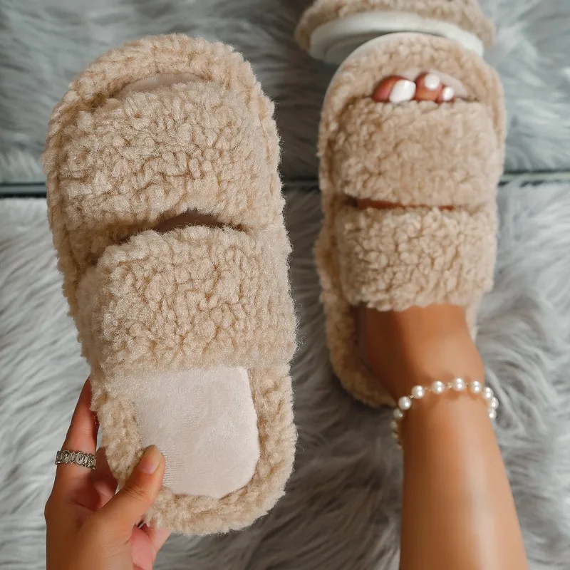 New in Womens Slippers Ladies Winter Wool Slides Fur Fluffy Furry Warm Sandals Comfortable Fuzzy Girl Flip Flop Slipper