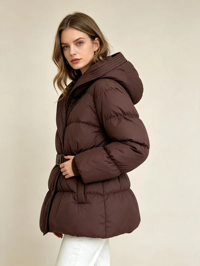 Schinteon Women White Down Jacket with Hood Solid Color Fashionable Autumn Winter Warm Outwear Parka Belt 2026 New Real Pictures