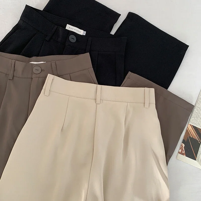 Pantalon droit taille haute pour femme, pantalon femme noir, mode coréenne, bouton décontracté, automne, dames de bureau, nouveau, 2024