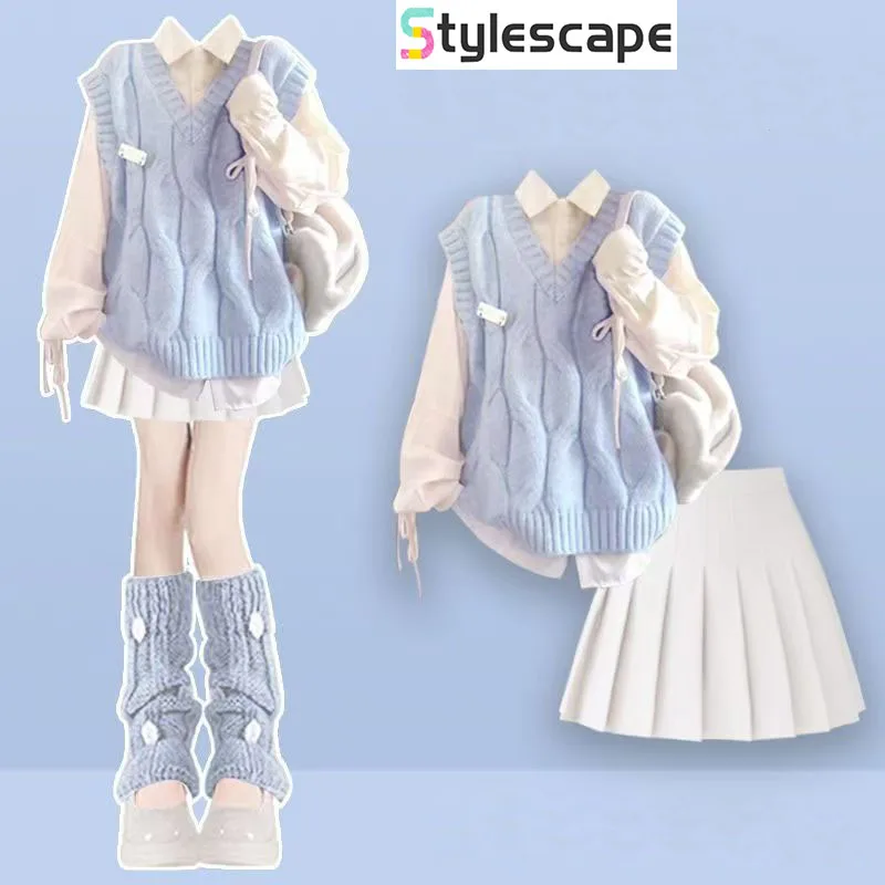 Temperament Dressing Dopamine Gebreid Vest Shirt Dames Vroege Herfst 2025, College Stijl Plooirok Set Driedelige set