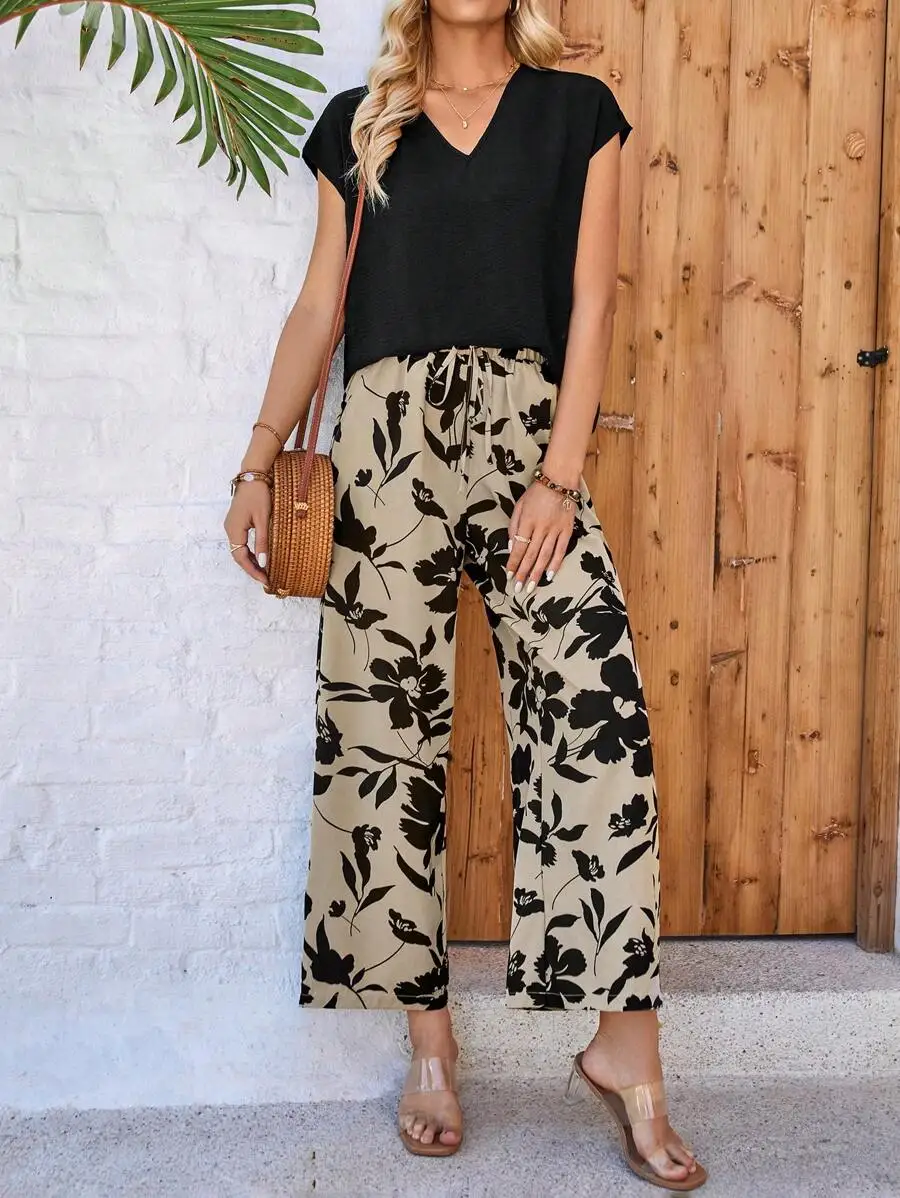 

V-Neck Batwing Sleeve Top And Floral Print Wide Leg Pants Set