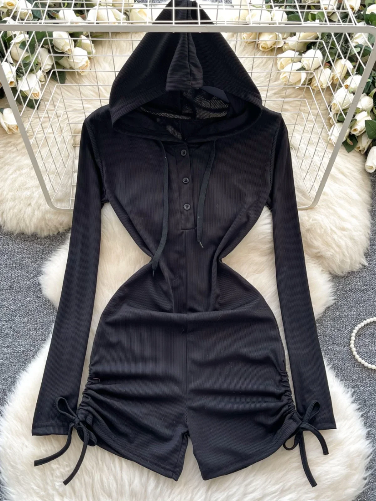 Foamlina Solid Color Casual Hooded Long Sleeve Jumpsuit Women's 2025 Spring Drawstring Fried Street Short Pants Bodysuits Top