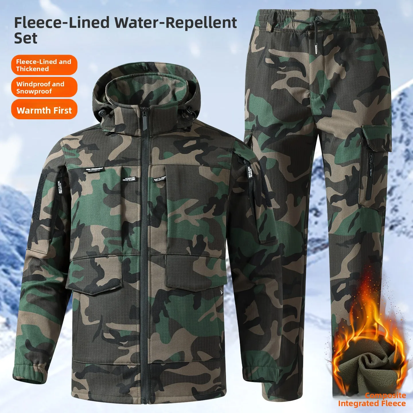 

Мужской камуфляжный рабочий костюм с флисовой подкладкой, водонепроницаемый, морозостойкий, для осени и зимы, с молнией