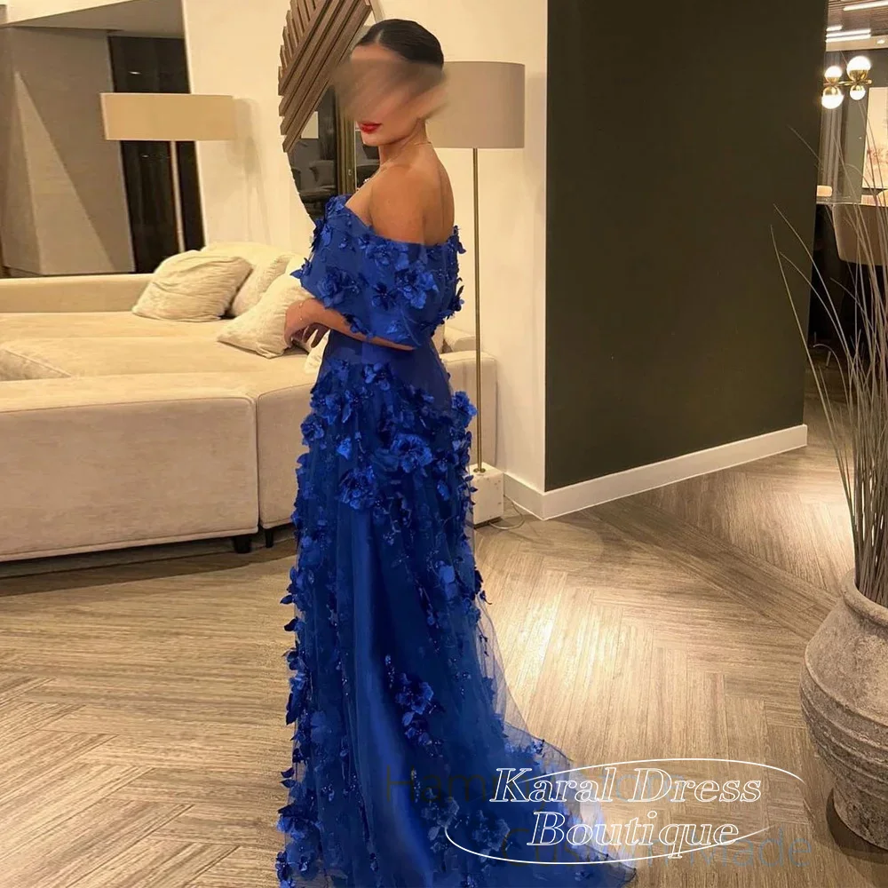 

Саудовское королевское синее вечернее платье по индивидуальному заказу с вырезом лодочкой и открытыми плечами, жемчугом и цветком, трапециевидное платье для выпускного вечера в Саудовской Аравии, вечернее платье