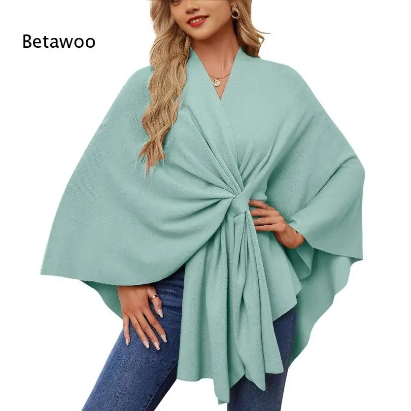 Women's Soft Knit V-Neck Poncho Wrap with Front Tie Detail, Cozy Oversized Cape Shawl for Autumn Winter Layering, Solid Color