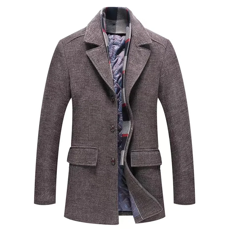 

2024Autumn/Winter New Men's Woolen Coat Fashion Collar Thickened Cotton Scarf Wool Woolen Fabric Quality Coat Warm Business Coat