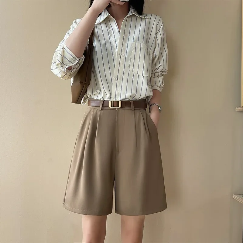 Korean Style Fashion Suit Shorts Summer New High Waisted Slimming Loose Wide Leg Pants Casual Women's Five Quarter Pants