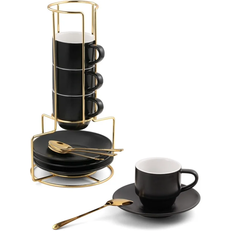 

4-Piece 3-Ounce Ceramic Espresso Cups Set - Stackable with Saucers, Spoons & Metal Stand, Coffee Machine Accessories
