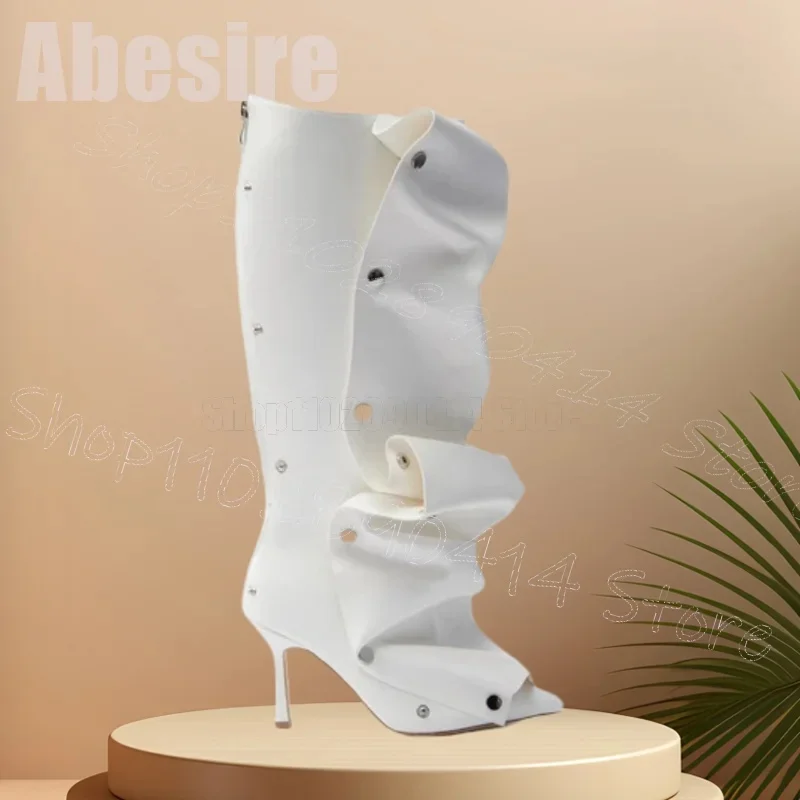 

Metal Rivets White Pleated Design Sandals Boots Back Zipper Women Shoes Peep Toe Fashion Party Banquet 2025 Zapatos Para Mujere