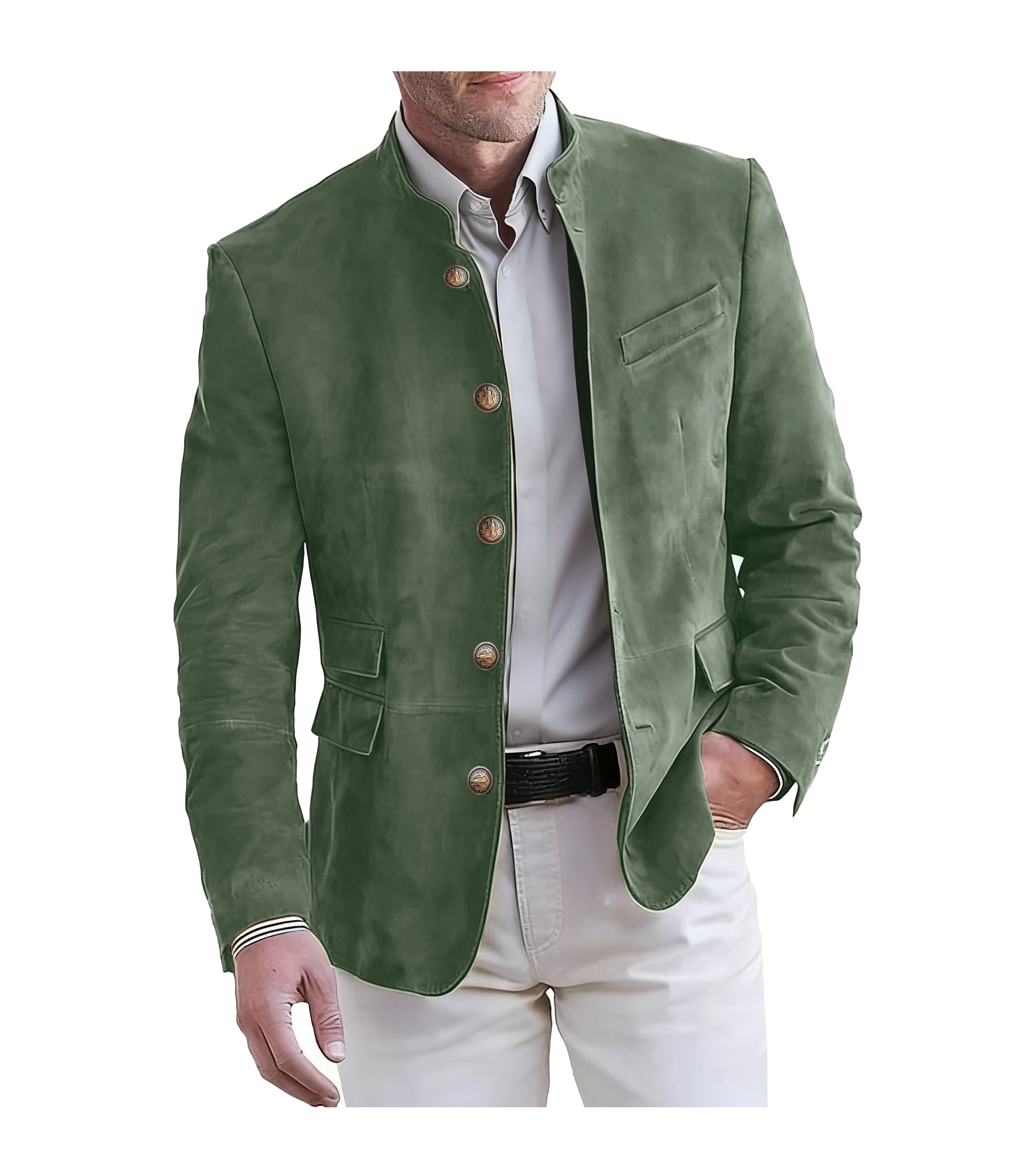 남성용 우아한 멀티 포켓 블레이저 재킷 스탠드 칼라 싱글 브레스티드 캐주얼 아우터웨어 솔리드 컬러 레귤러 남성 오피스 재킷