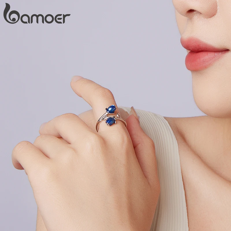 Women's 925 Sterling Silver Rose Open Ring with Blue Enamel