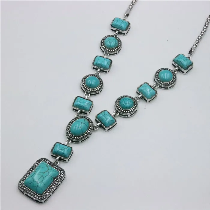 ZFSILVERFashion Retro Ethnic Sliver Plated Synthetic Turquoise Waterdrop Round Sweater Neckalce For Bohemian Jewelry Accessories