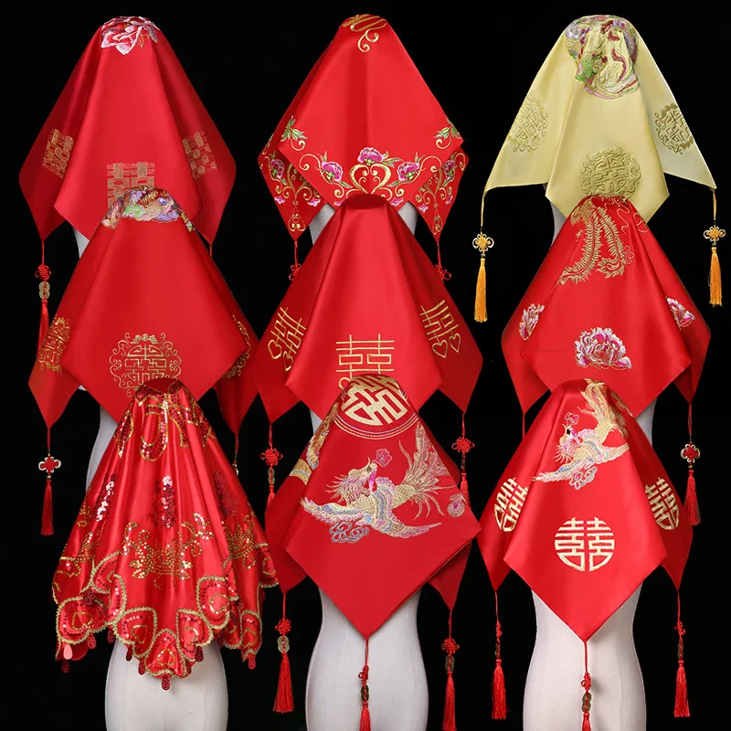 Chinese Wedding Bride Red Hijab Embroidery Flowers Tassel Headwear Bridal Large Size Ancient Tradition Wedding Head Covers Veils