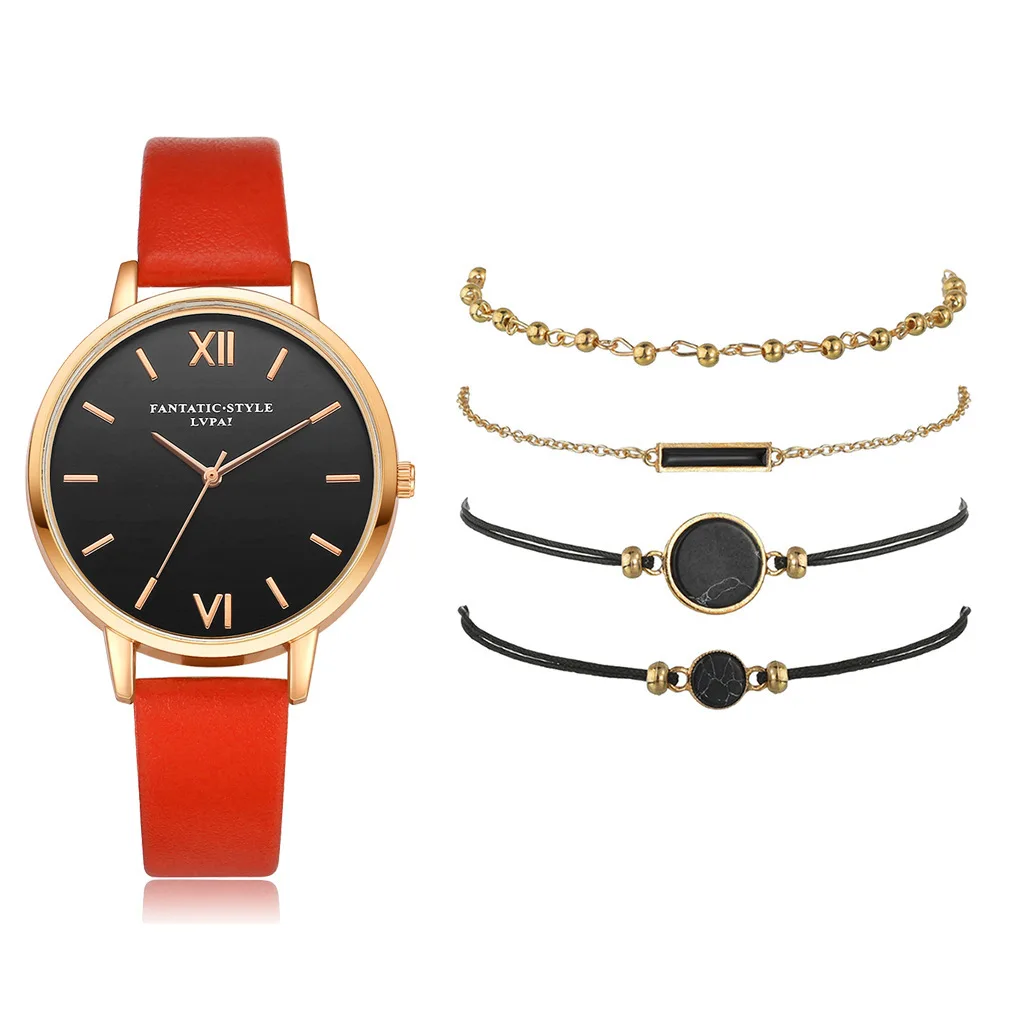 New Simple Watch Set Quartz Trend PU Strap Ladies Watch With Bracelet Set