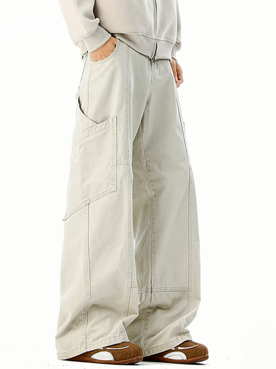 

American Retro Patchwork Pure Cotton Work Pants Men's Casual Loose Straight Leg Wide Leg Trousers Autumn Season Multi ket