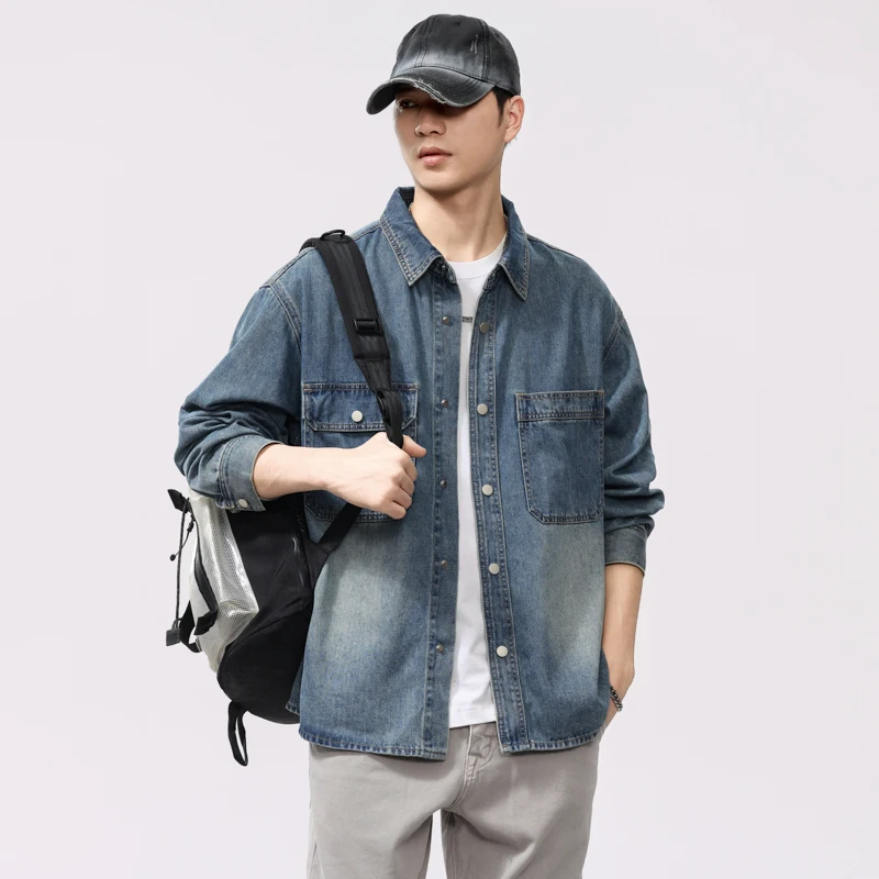 

American Vintage Washed Denim Shirt - Lyocell Long Sleeve with Gradient Fade (Oversized Spring/Fall Style) Plus Size 4XL