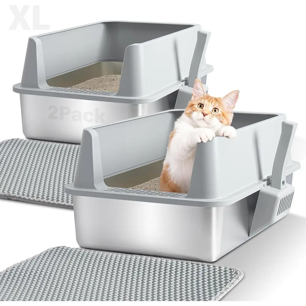 

Extra Large XL Stainless Steel Litter Box with Lid, High Sides for Big Cats, Odor-Resistant, Scratch-Proof, Easy Clean, Scoop &