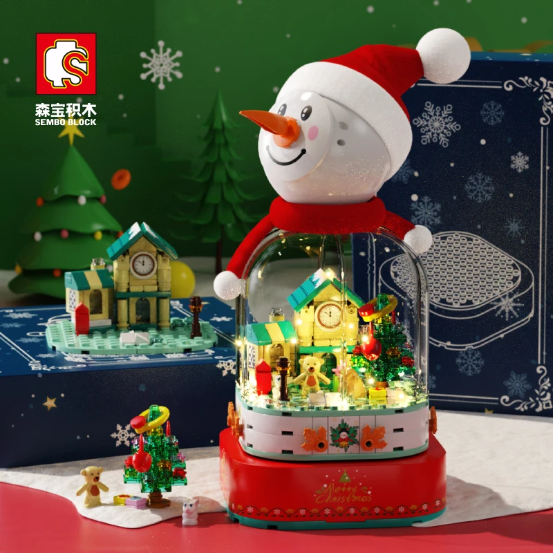 SEMBO-caja de música de Navidad, bloques de construcción, ciudad, casa de nieve, Papá Noel, decoración de Navidad, ensamblaje de ladrillos, Juguetes DIY para niños, regalo