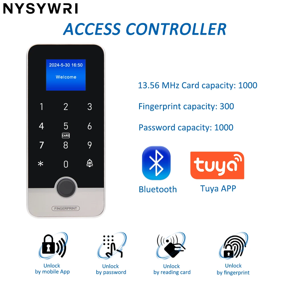 Waterproof Bluetooth Tuya Fingerprint Access Controller RFID Keyboard Touch Keypad 13.56MHz App Unlock Door Open Control System