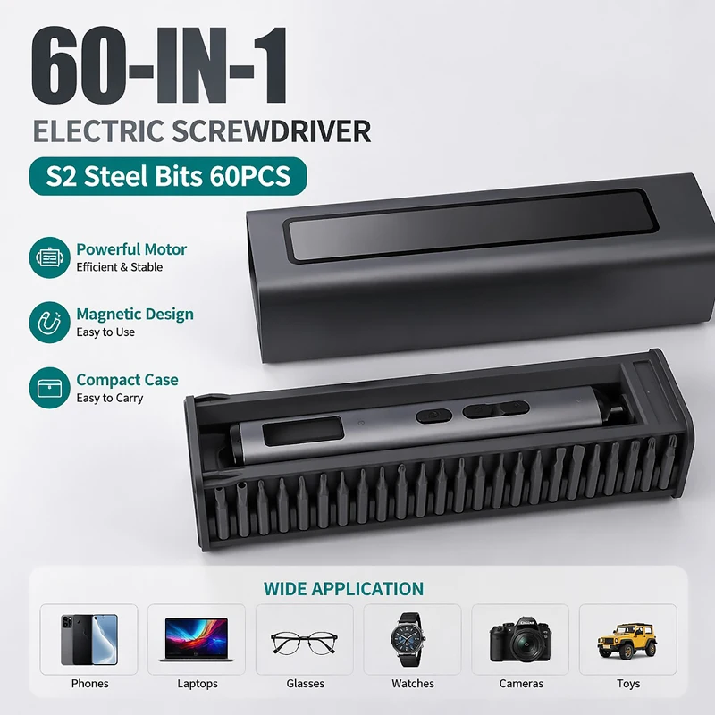 60-in-1Aluminum Alloy Electric Screwdriver 5 Gear Adjustable Built-in LED Light High Hardness S2 Bits Electronic Repair Tool Set