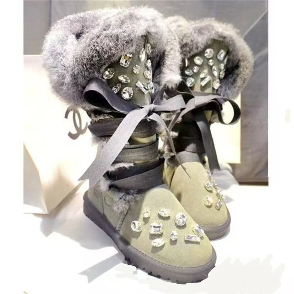 Rex rabbit hair strap fur one snow boots Heavy diamond party high strap thick cotton boots for women 34-40