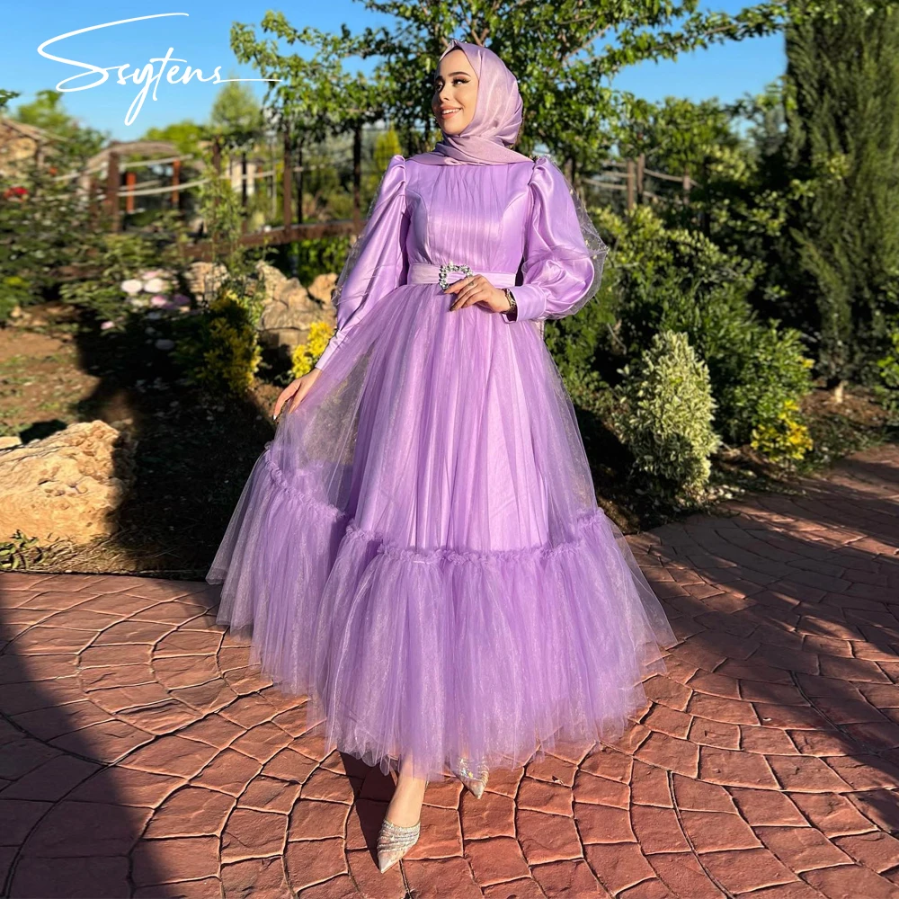 

Party Dresses Long Sleeves Lilac Arabic Evening Gowns Celebrity Ankle Length Dubai Muslim Prom Dress Bespoke Occasion vestidos