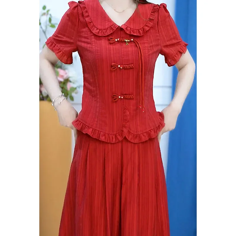 

High-End Chinese Style Women's Luxury Suit Y2K Short Sleeve Tops Midi Skirt 2-Piece Set for Summer 2025Fashionable Mother's Outf