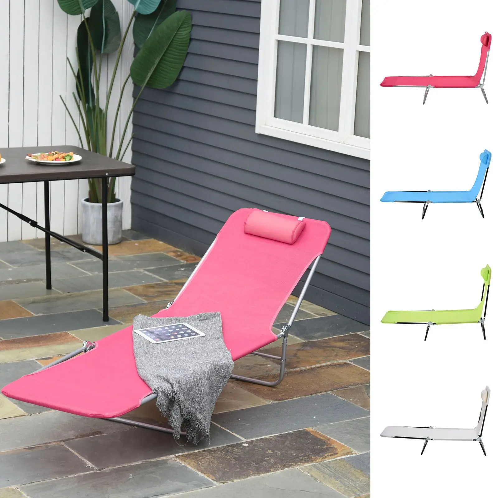 Outdoor Folding Sun Lounge Chair with Reclining Backrest & Pillow