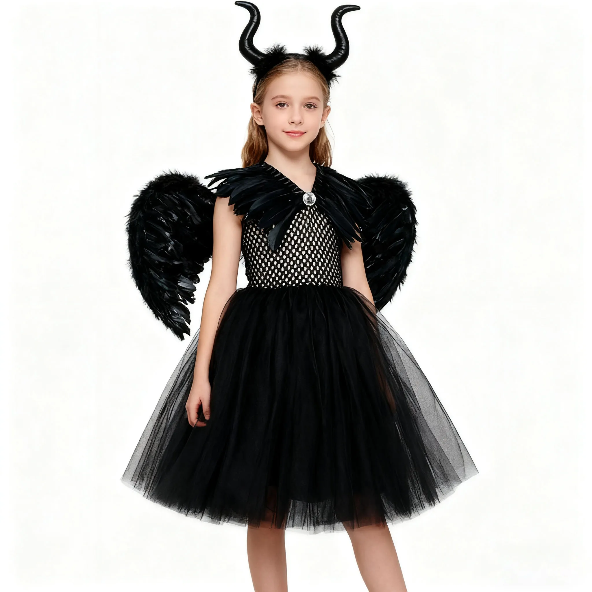 

Костюм на Хэллоуин, черное платье злой ведьмы для девочек с крыльями рогов, темная ведьма, готическое платье королевы, детская одежда из тюля и сетки