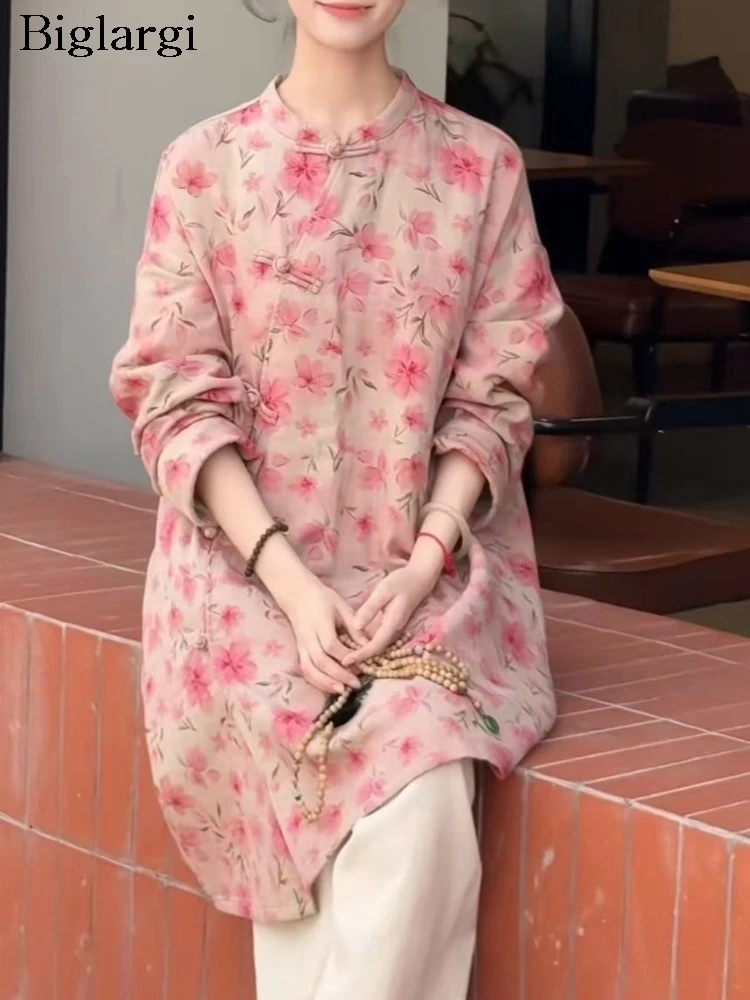 

Oversized Autumn Chinese Style New Midi T-Shirts Coats Women Flower Floral Print Pink Fashion Ladies Blouses Loose Woman T-Shirt