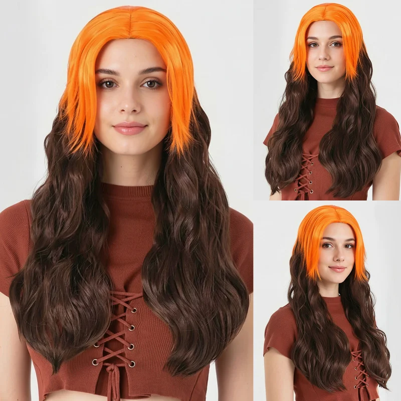 

European American style orange color block cosplay with middle parting and large waves, long curly synthetic hair wig