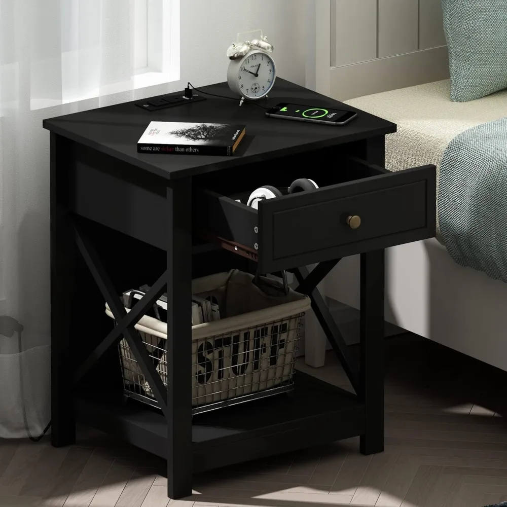 Treocho Schwarzes Doppel-Beistelltisch-Nachttisch-Set mit Ladestation, Beistelltischen im X-Design mit 2 AC- und USB-Anschlüssen, kompaktes Ni