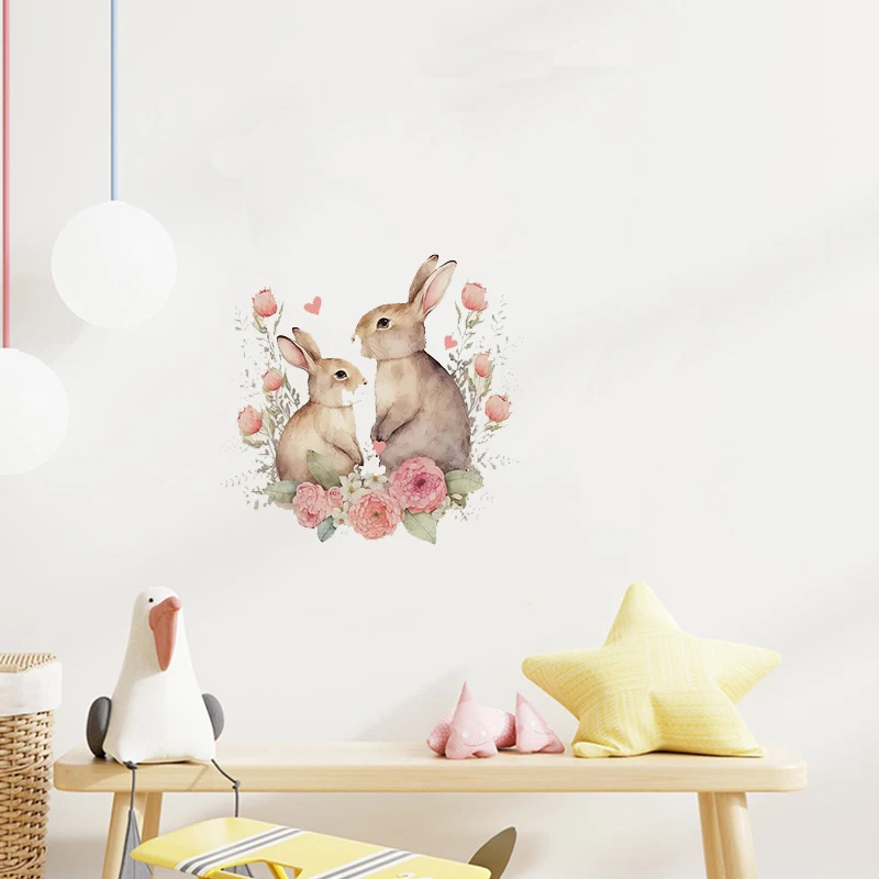 C180#Watercolor Rabbit Wall Sticker Kids Room Background Home Decoration Mural Living Room Wallpaper Funny Decal