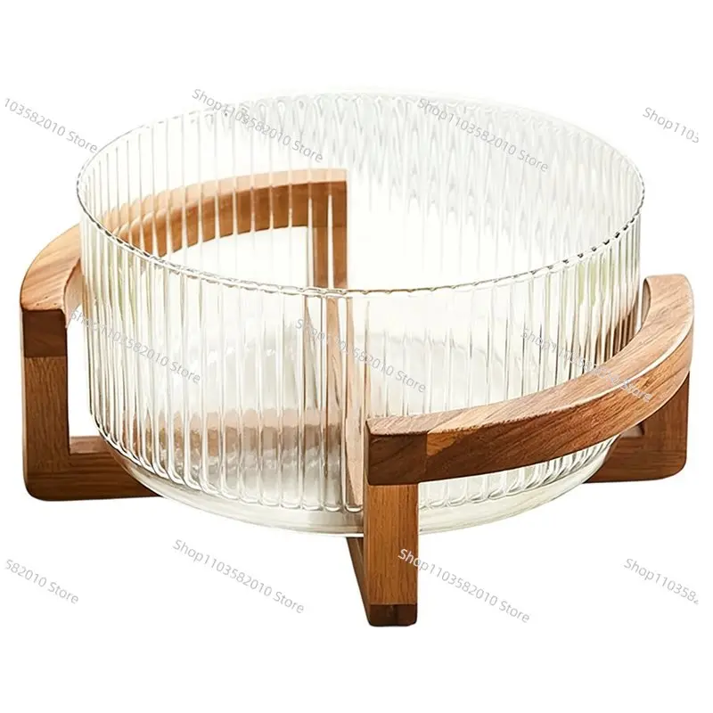 Striped Glass Bowl With Wooden Stand Scratch-Resistant Round Salad Fruit Dessert Display For Living Room