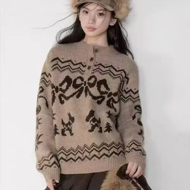 

New Fashion Jacquard Knitted Sweater Women Vintage O-neck Long Sleeve Casual Loose Pullover Preppy Wool Knitwear Top