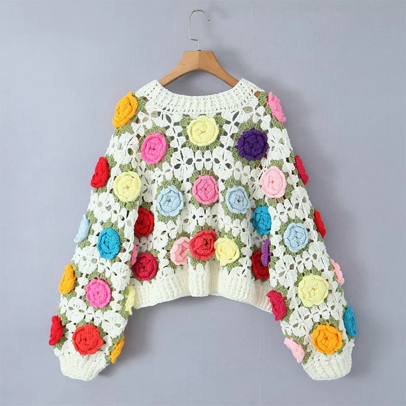 YENKYE 2023 Autumn Women Hand Crochet 3D Flower Cardigan Vintage Lantern Sleeve V Neck Female Boho Sweater Knitwear Jumper