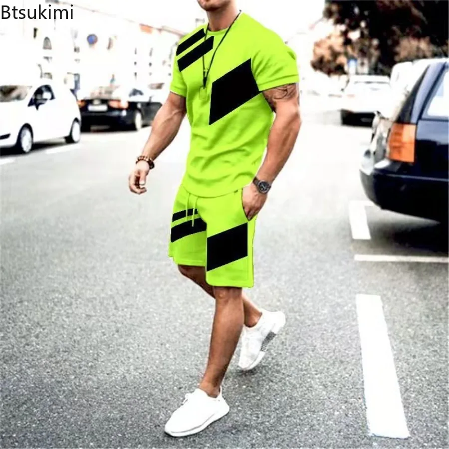 2024 New Sport Gym Fitness Sets for Men Fashion Patchwork Design Loose Casual Tracksuit Men Two Pieces Short-sleeved Tops+Shorts