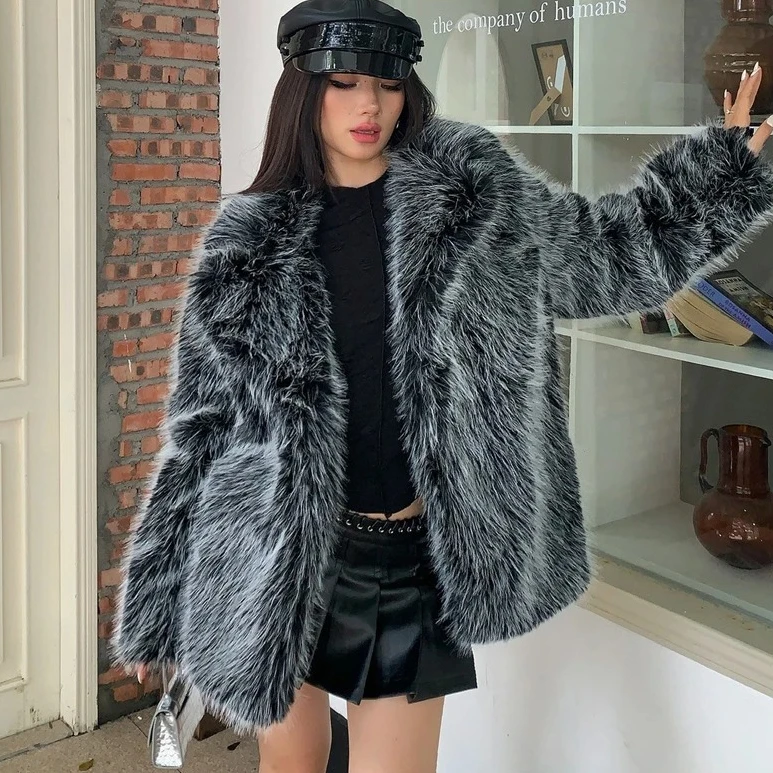 

Autumn Winter Luxury Soft Fluffy Faux Fur Coat Women Elegant Lapel Thicken Silver Fox Fur Overcoat