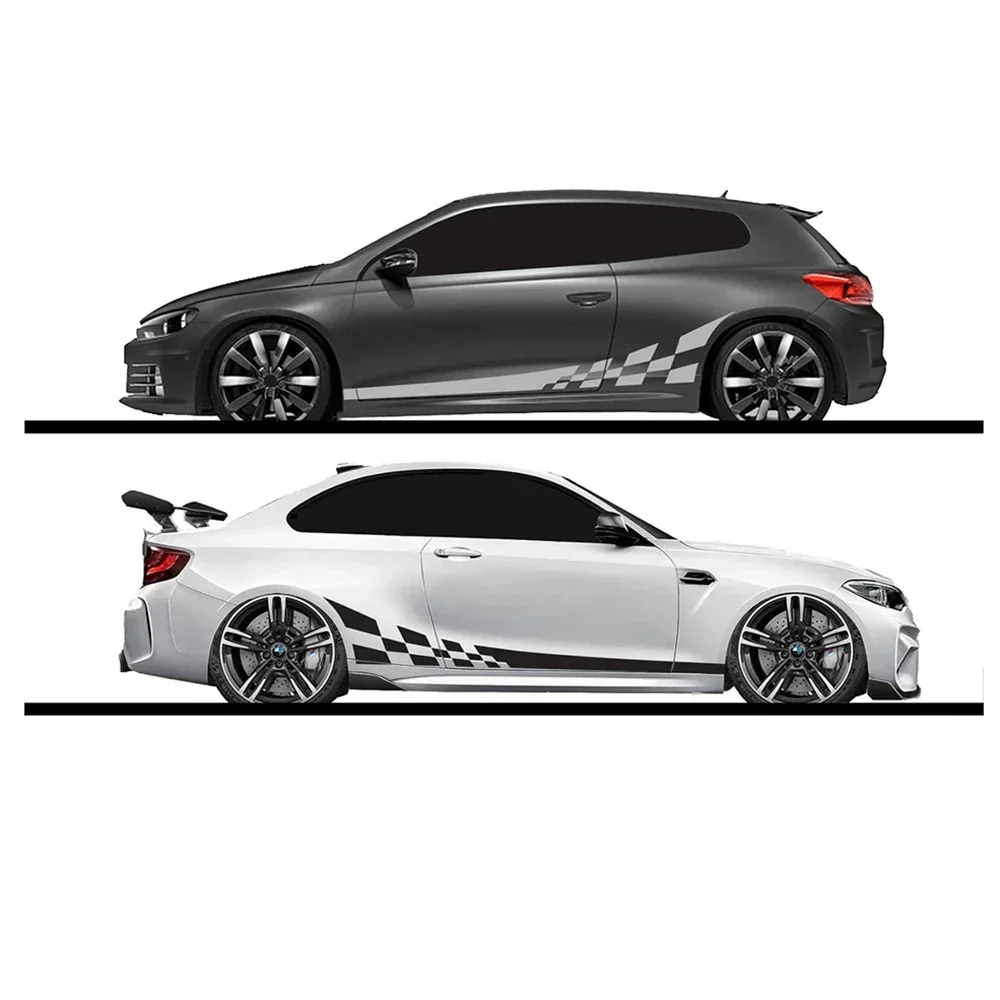 

2Pcs Checkered Flag Racing Stripes Car Side Decals Glossy Black Vinyl Graphics Auto Body Door Exterior Accessories