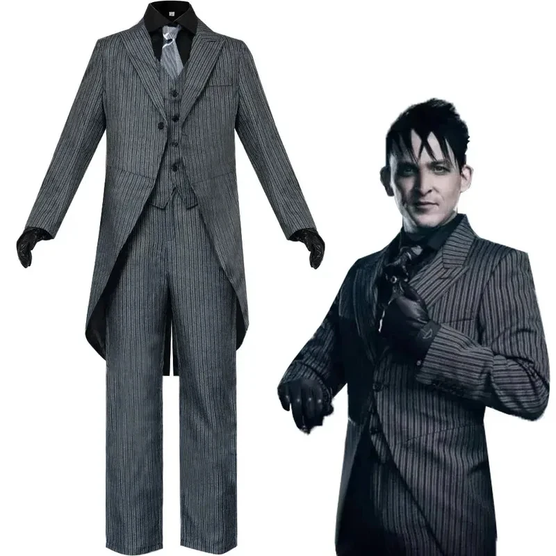 Gotham Penguin Cobblepot Cosplay Top and Pants Striped Suit Movie Characters Halloween Carnival Party Costume for Men FD1;6 - view 3