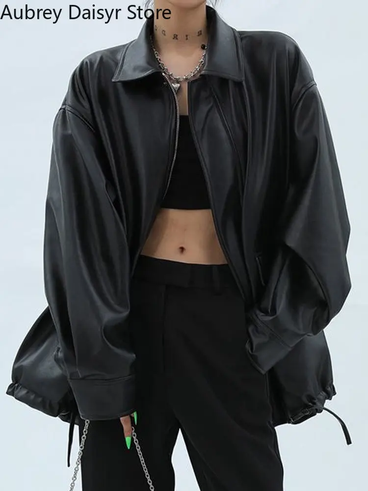 Punk Moto Biker Zipper Leather Jacket Women New Streetwear Black Oversize Jacket Fashion Casual  Chic Loose Black PU Coat Female