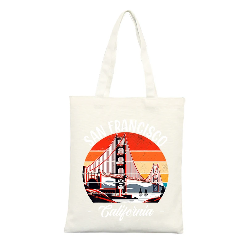 Canvas Tote Bag with Bridge and Sunset Graphic, Vintage Style for Casual Shopping and Daily Use