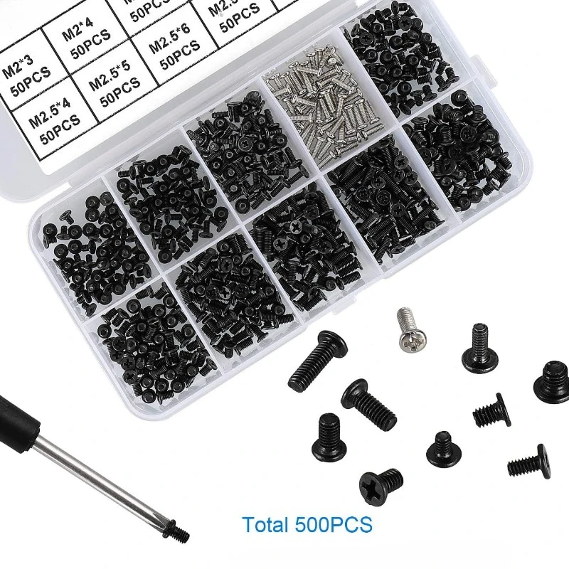 500pcs Screw Set M2 M2.5 M3 Machine Laptop Screws Flat Head Drive Accessories for Repair Computer Electronic Laptop Screws Kit