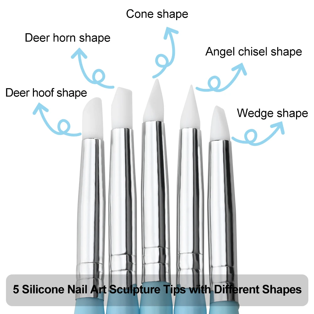 5PCS Nail Art Silicone Brush Dotting Pen Set Dual-Head Carving Painting Embossing Pen Rhinestones Picker Sculpture Manicure Tool