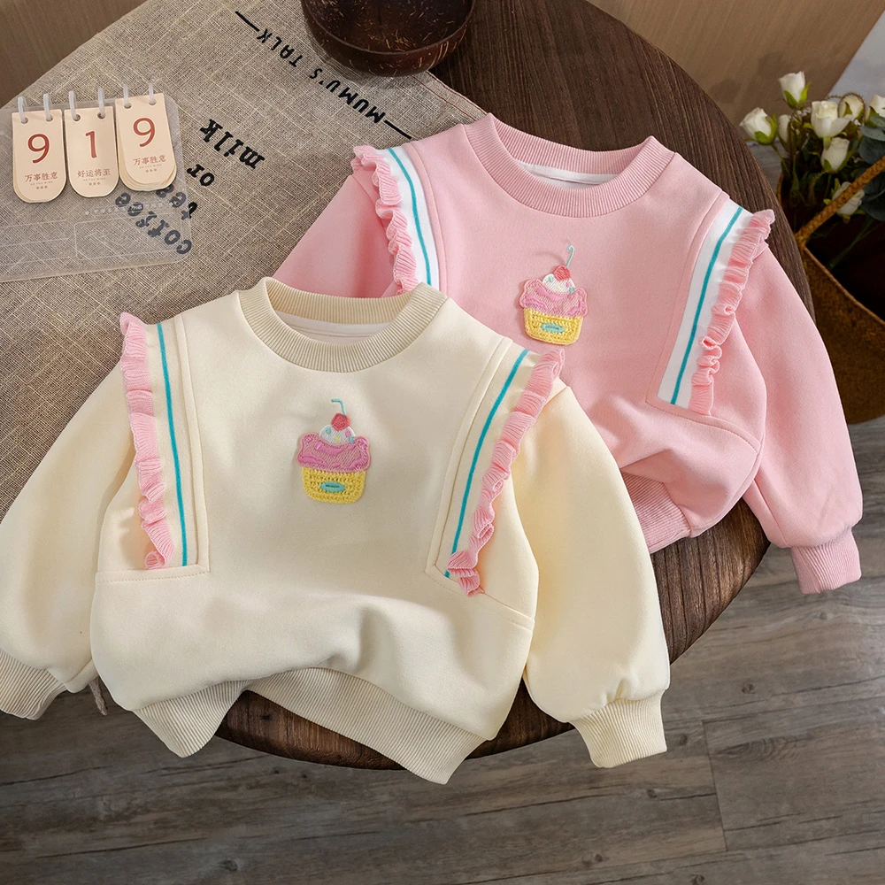 Cute Kids Girls Sweatshirts Spring Autumn Korean Style Ruffles Fly Sleeve Hoody Embroidery Pullover Tops Children Clothes 1-6Y