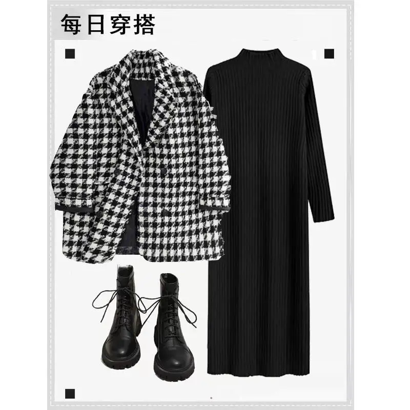 Autumn and Winter Women's Set New Korean Checkered Jacket Paired with Slim and Loose Long Sleeved Knitted Dress Two-piece Set