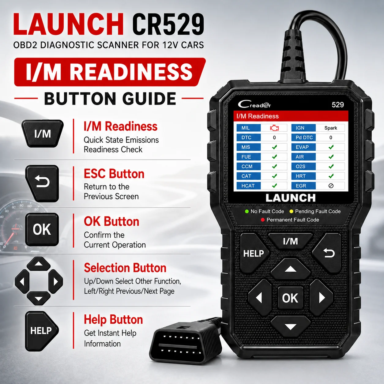 LAUNCH CReader529 CR529  OBD2 Scanner Automotive Diagnostic Tool Car OBDII Code Reader Fault Code Read Scan DIY Code Reader Creader 529
