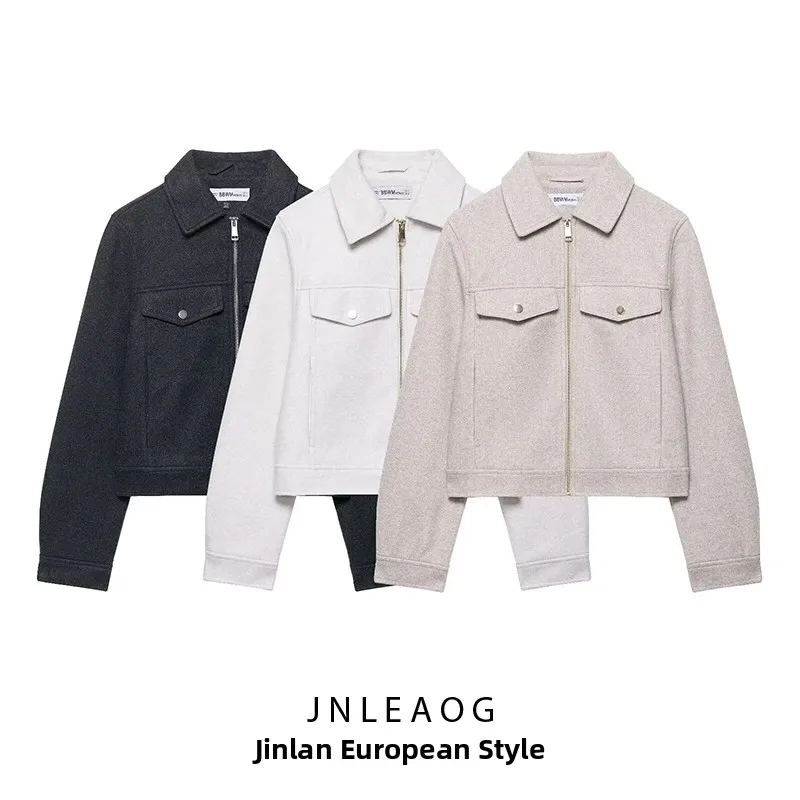 

JNLEAOG Autumn New Women's Soft Zipper Jaet Outerwear Casual Sle Stand Fit Polyester Fabric Long Sve Regular Length