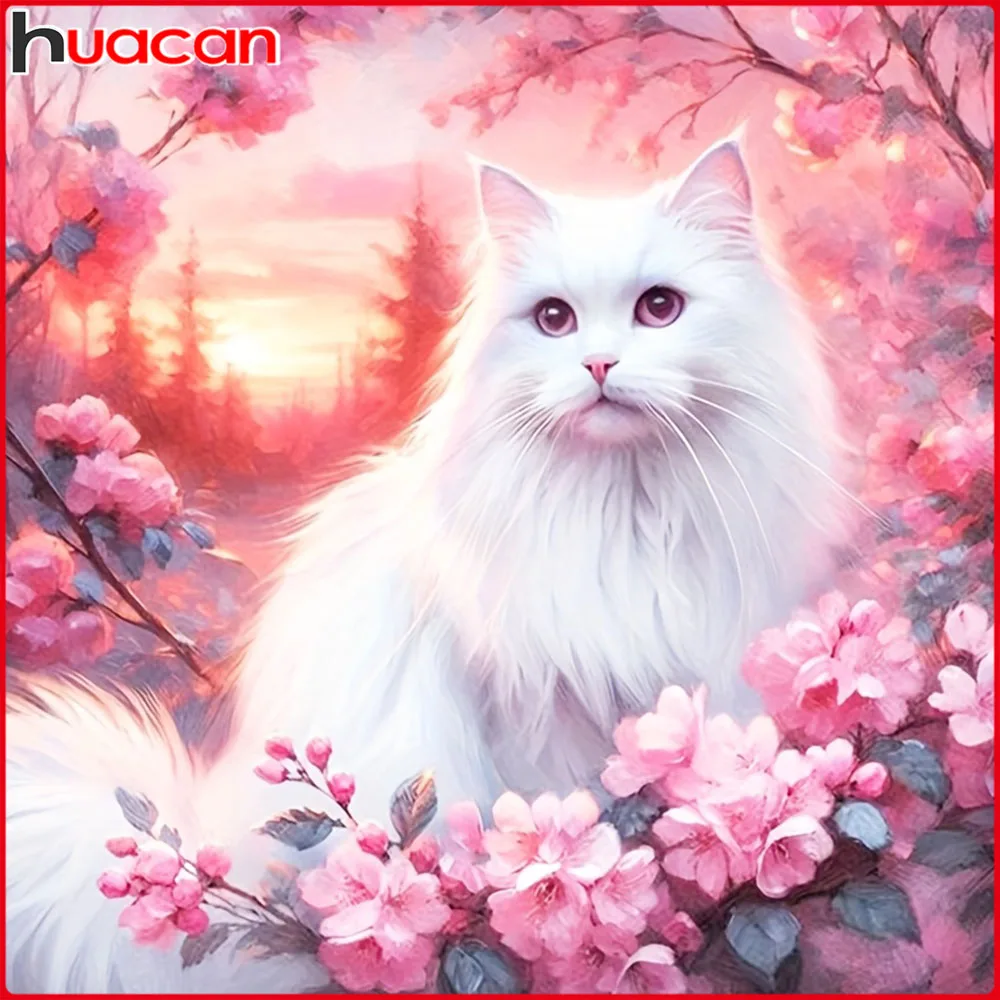Huacan Vollquadrat Rundbohrer Diamantgemälde Katze Blume Diamant Mosaik Tier Komplettset Dekorative Gemälde