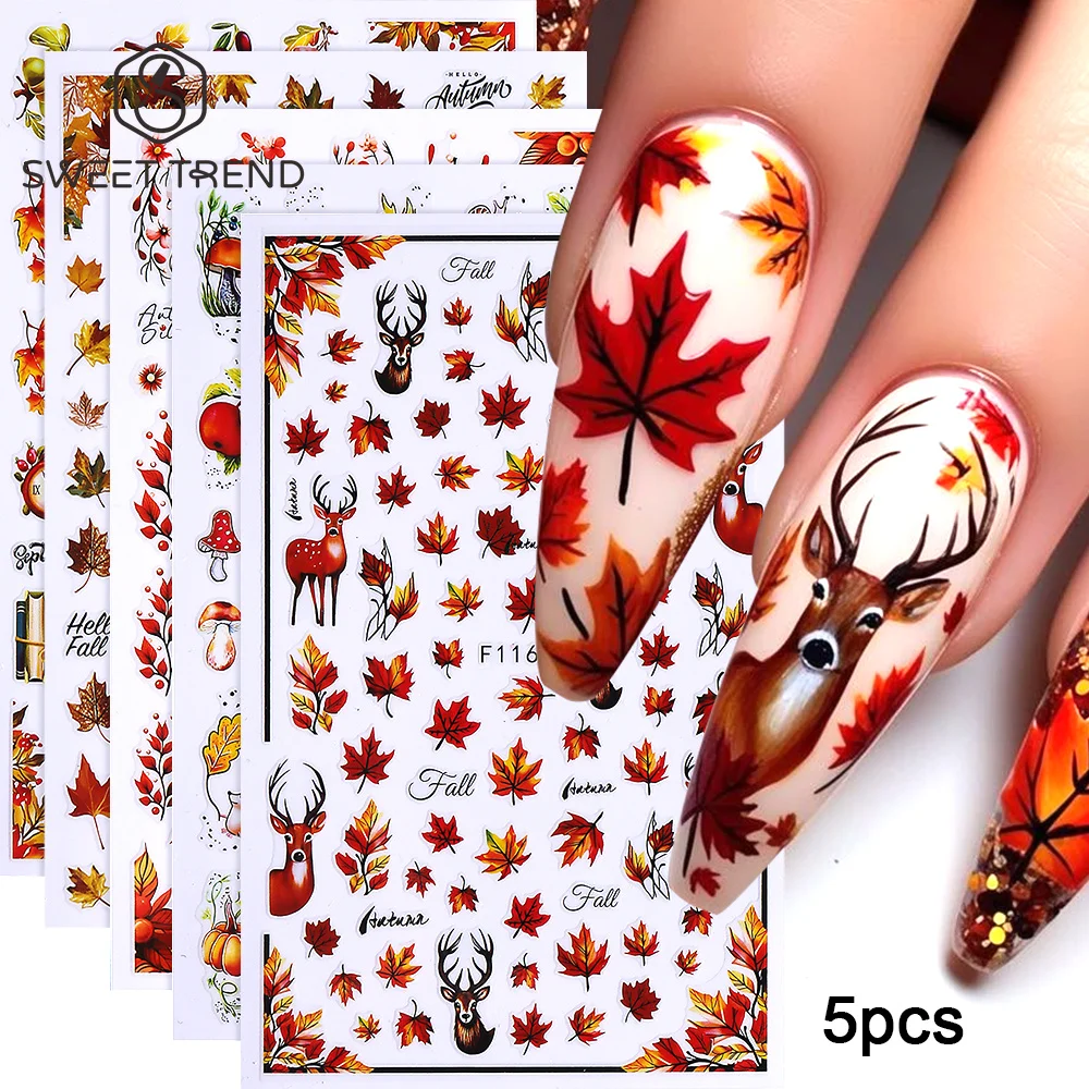 SWEET TREND-5 Stück/10 Stück Herbst-Nagelaufkleber Cartoon-Autumn-Ahornblätter-Kürbis-Elch Selbstklebende Aufkleber Halloween-Maniküre-Deko